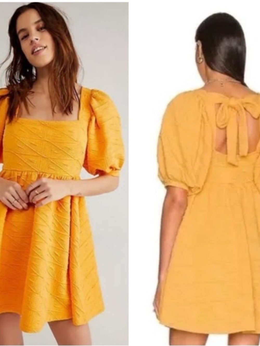 Free People Golden Yellow Puff-Sleeve Mini Dress